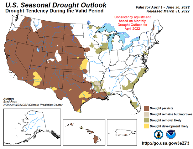 Drought monitor map showing where drought is happening. Mainly in the western half of the US.
