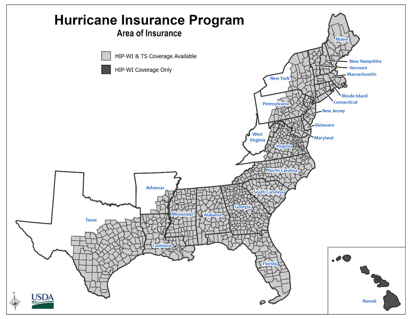 Map of affected states: Alabama Alabama Arkansas Connecticut Delaware Florida Georgia Hawaii (Tropical Storm option not available) Louisiana Maine Maryland Massachusetts Mississippi New Hampshire New Jersey New York North Carolina Pennsylvania Rhode Island South Carolina Texas Vermont Virginia West Virginia