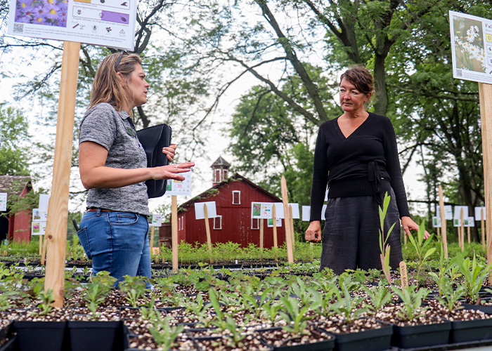 Two women stand outside between rows of potted plants.