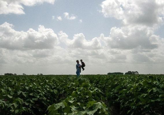 Farmer holding his son on their farm. 