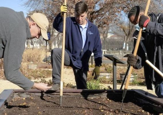 Three people using gardening tools