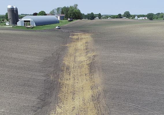 Dirt road leading to two silos and building